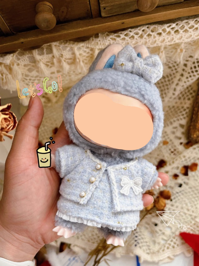 Blue Tweed Set With Hairbow Keychain Labubo Clothing Labubo Keychain Labubo Clothing