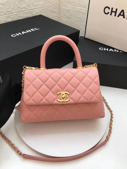 luxury Coco Handle Gold Caviar Pink 24 cm