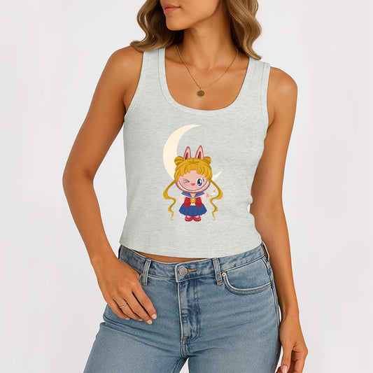 Sailor Moon The Monsters damskie rękawe bez rękawów szyi szyi z czołgiem letnie podstawowe szczupłe bluzki dla miłośnika labubu