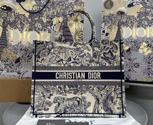 luxury Book Tote Large Blue Toile de Jouy Embroider - 42 x 35 x 18.5 cm