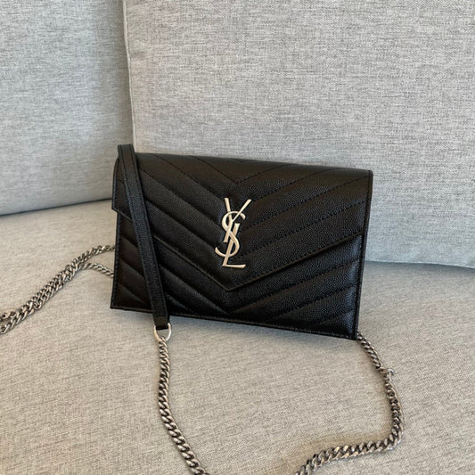 luxury  Cassandre Envelope Chain Wallet Black Grain Leather 19x11.5x4 cm