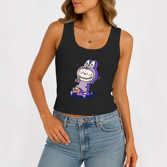 Happy LaBubu The Monsters Dámské rukávy bez rukávů na kopeček žebrované nádrž Summer Basic Slim Cute Tops pro Labubu Lover