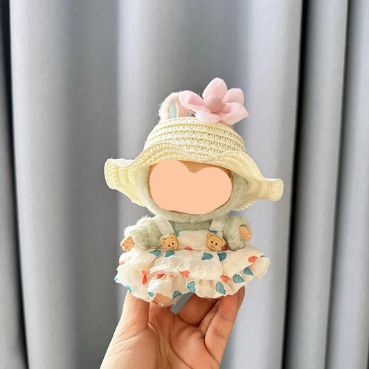 Summer Labubo Clothes Suspender Dress + Straw Hat Labubo Outfits Girl Keychain Labubo Clothing