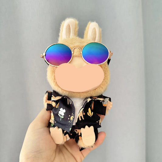 Summer Labubo Clothes Black Floral Shirt Beach Labubo Outfits Boy Keychain Labubo Clothing