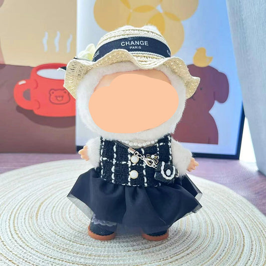 Summer Labubo Clothes Navy Tweed Dress + Straw Hat Girl Labubo Outfits Keychain Labubo Clothing