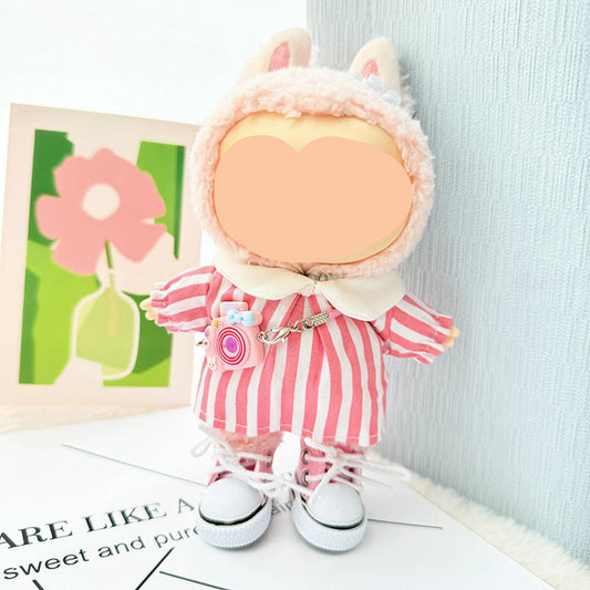 Summer Labubo Clothes Striped Red Dress + Shoes Labubo Outfits Girl Keychain Labubo Clothin