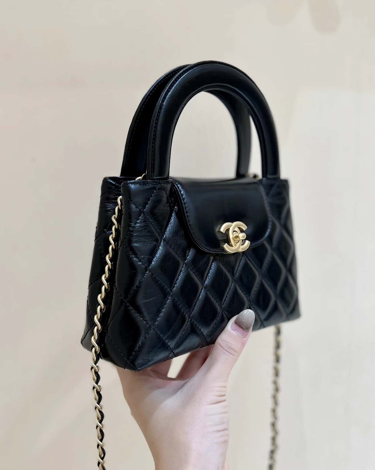 luxury Kelly Mini Shopping Bag Mini 23K Shiny Aged Calfskin Black 13x19x7cm