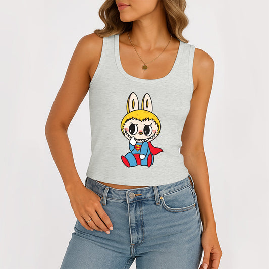 Superman Labubu Die Monster Frauen ärmelloses Scoop Hals Rippen Tank Sommer Basic Slim Cute Tops für Labubu Liebhaber