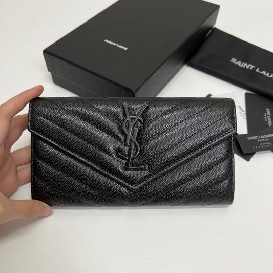 luxury Long Wallet Black Leather Black Tone 10767 19cm