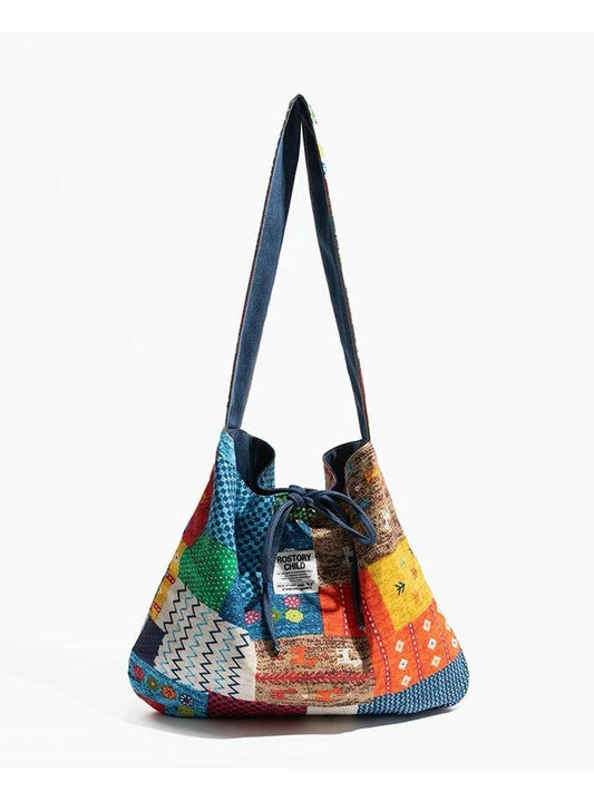 Boho Patchwork Canvas Ramion Bag-Odwracalna etniczna torba z wibractami inspirowanymi Nepalem