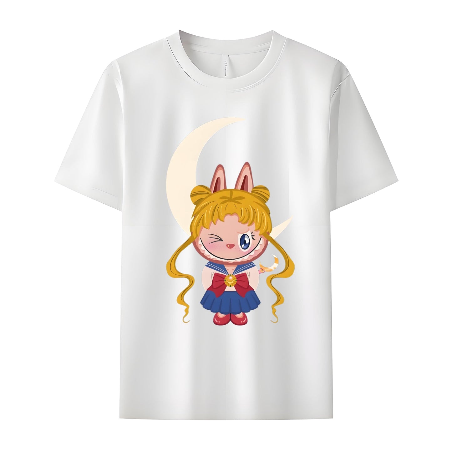 Sailor Moon Labubu The Monsters Crew Teck Camiseta de manga corta para regalos de amantes de Labubu para novia