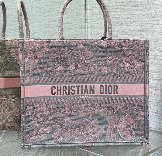 luxury Book Tote Large Gray and Pink Toile de Jouy Reverse Beverly Hills Embroidery - 42 x 35 x 18.5 cm