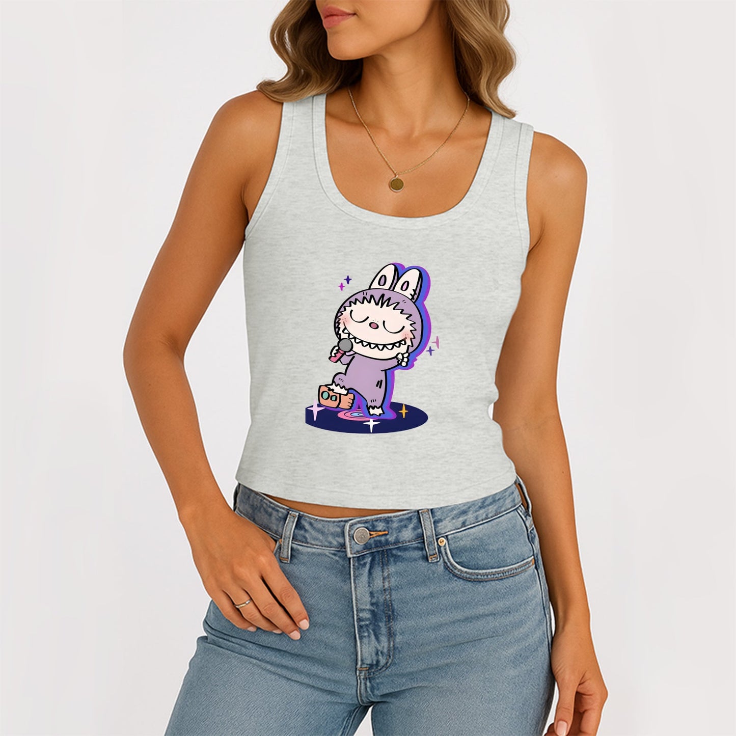 Happy LaBubu The Monsters Dámské rukávy bez rukávů na kopeček žebrované nádrž Summer Basic Slim Cute Tops pro Labubu Lover