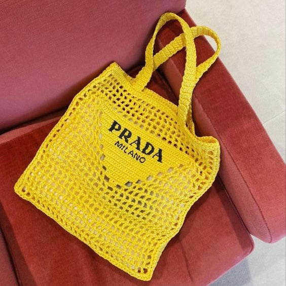 luxury Women's Natural Crochet Tote Bag-Yellow