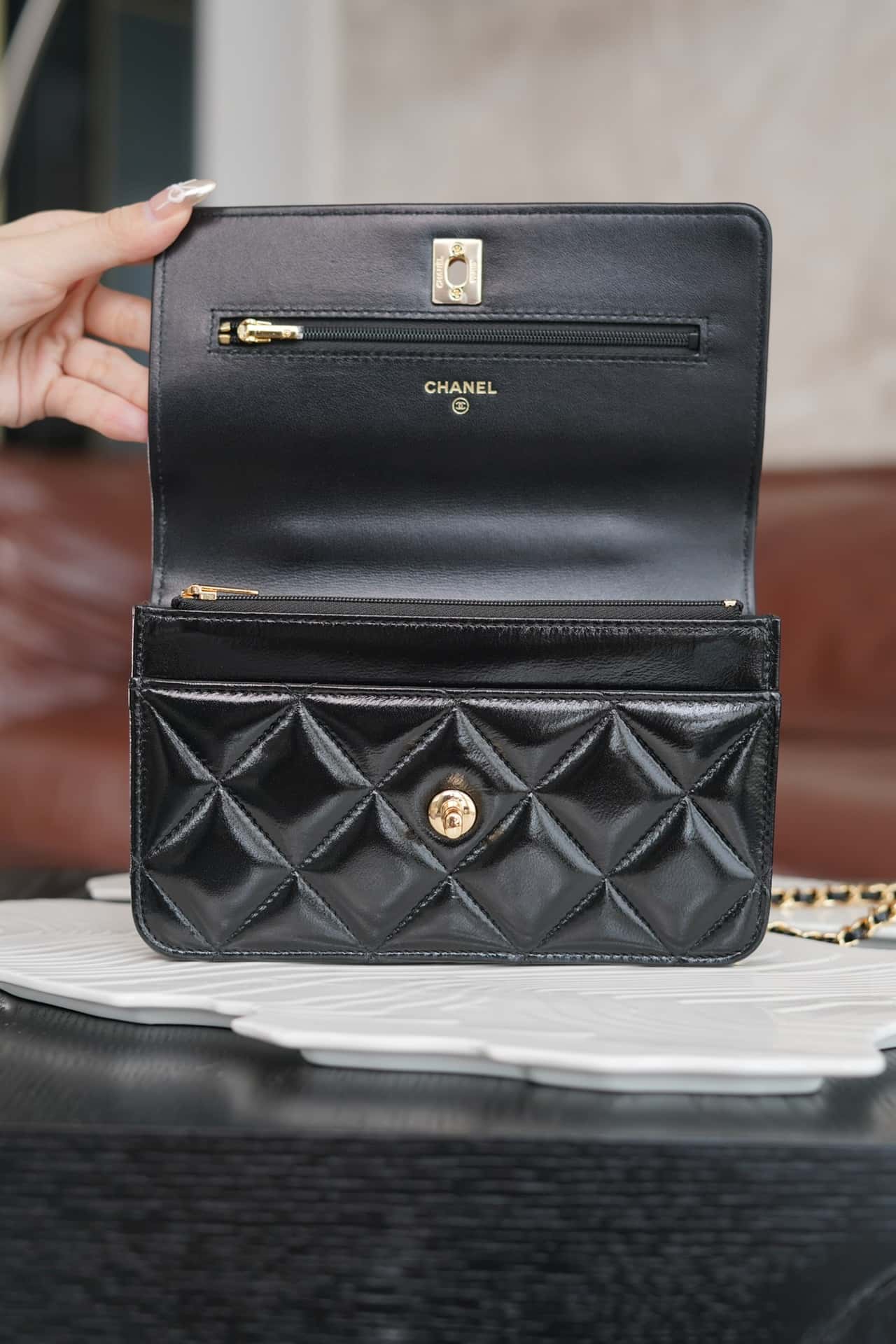 luxury 24B WOC Top Handle in Black Shiny Lambskin GHW