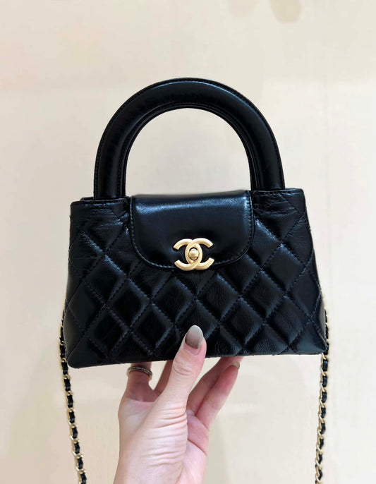 luxury Kelly Mini Shopping Bag Mini 23K Shiny Aged Calfskin Black 13x19x7cm