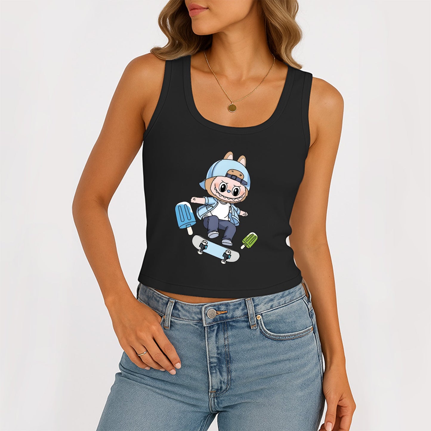 Skateboard LaBubu The Monsters Dámské rukávy bez rukávů na krk žebrované nádrž Summer Basic Slim Cute Tops pro Labubu Lover