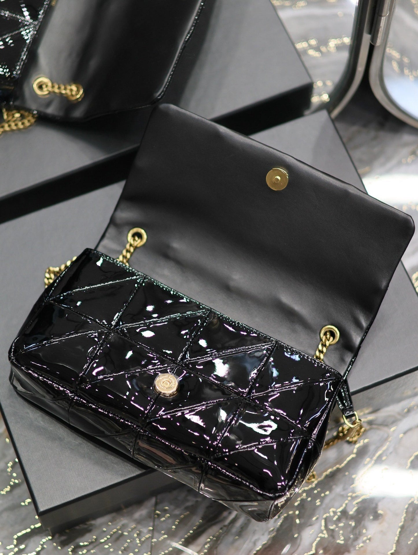 luxury Jaime Patent Black Bag - 25x15x7.5cm
