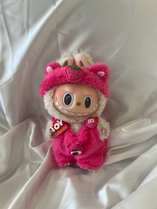 Labubu Berry Bear Outfit Set - Pink Fluffy Onesie & Strawberry Hood (17 cm)