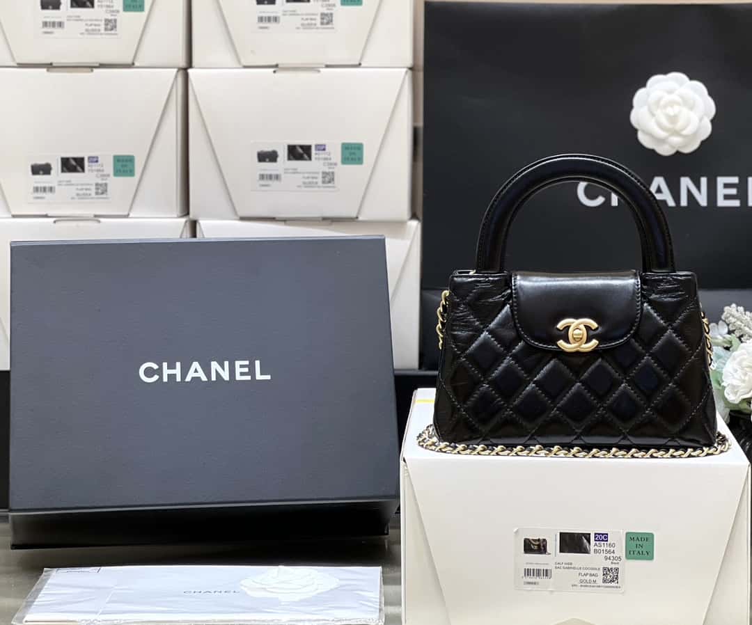 luxury Kelly Mini Shopping Bag Mini 23K Shiny Aged Calfskin Black 13x19x7cm