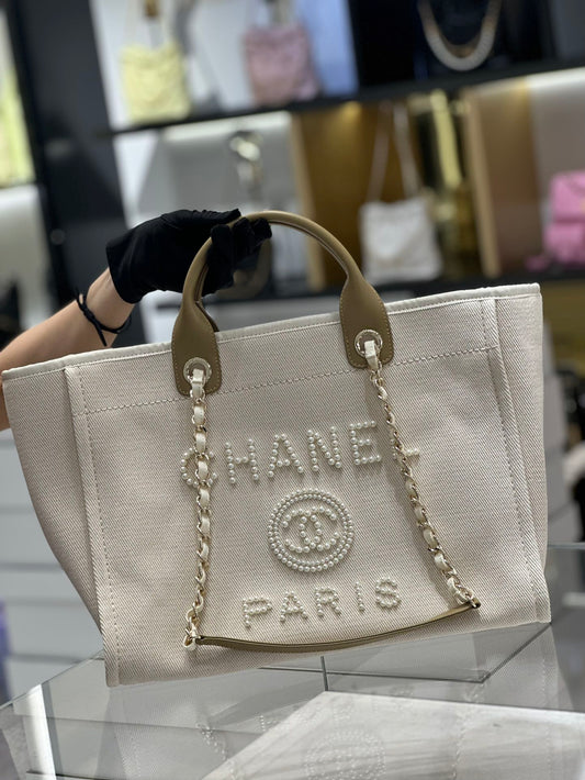 luxury Natural Canvas and Tan Leather Large Pearl Deauville Tote - 30x39x22cm