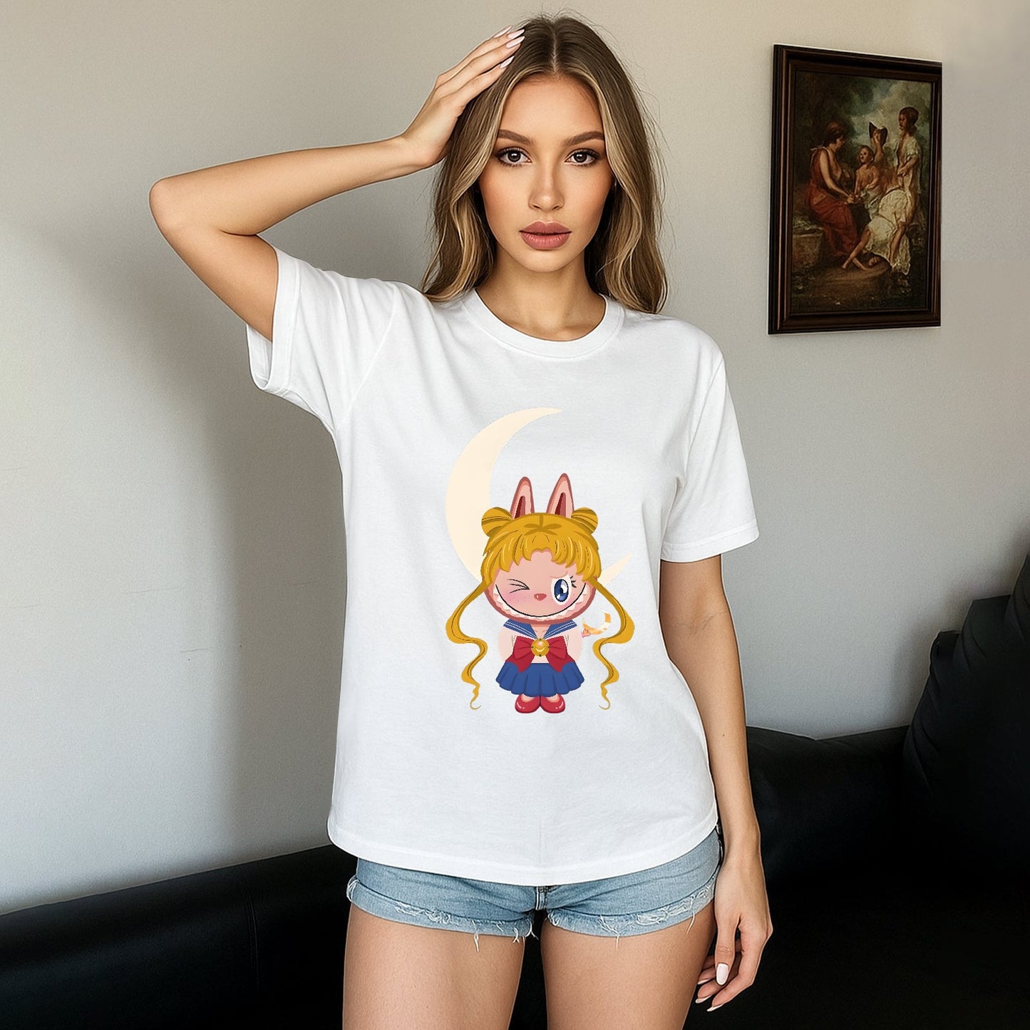 Sailor Moon Labubu The Monsters Crew Teck Camiseta de manga corta para regalos de amantes de Labubu para novia