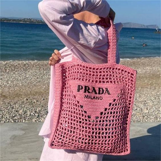 luxury Women's Natural Crochet Tote Bag-Pink