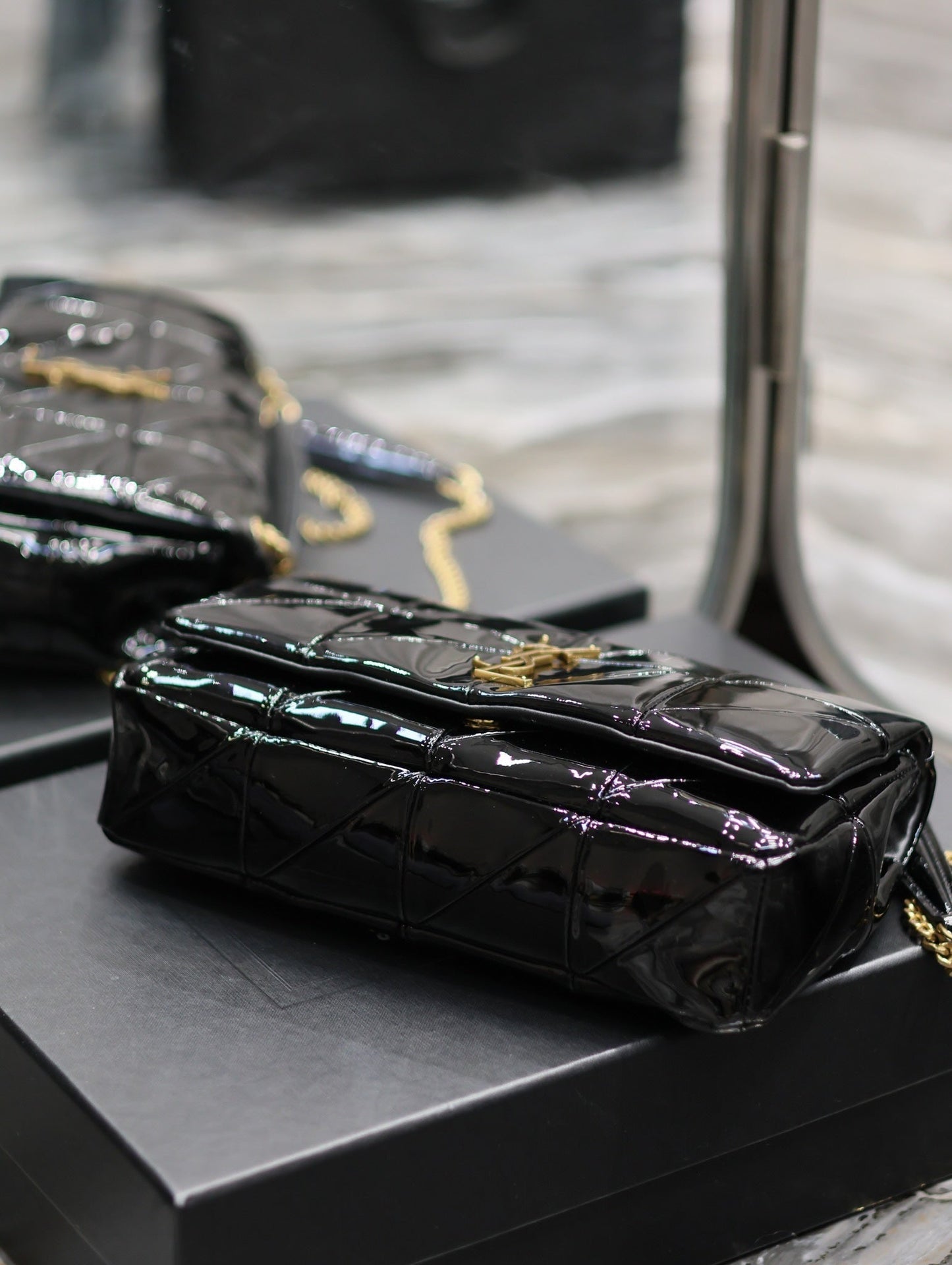 luxury Jaime Patent Black Bag - 25x15x7.5cm