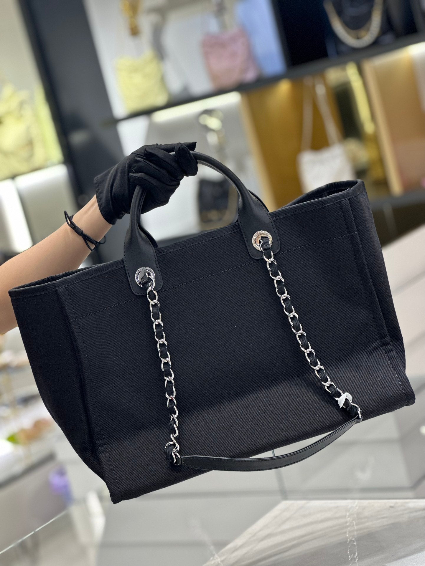 luxury Natural Canvas and Black Leather Large Pearl Deauville Tote - 30x39x22cm