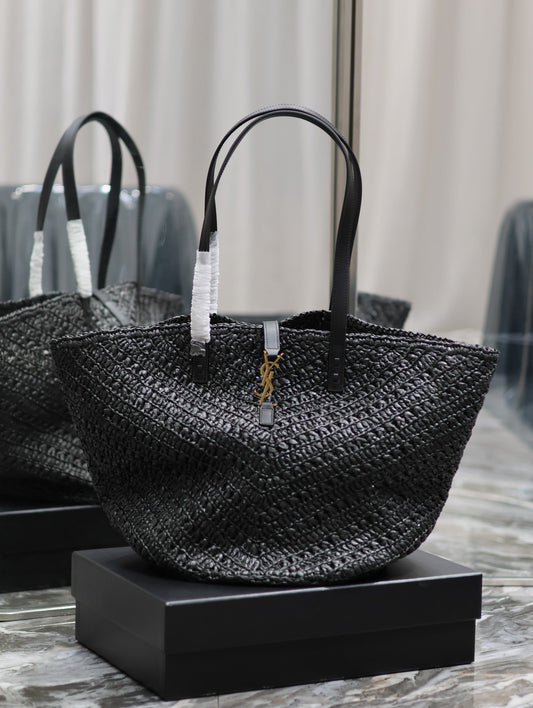 luxury PANIER MEDIUM IN RAFFIA AND VEGETABLE-BLACK LEATHER