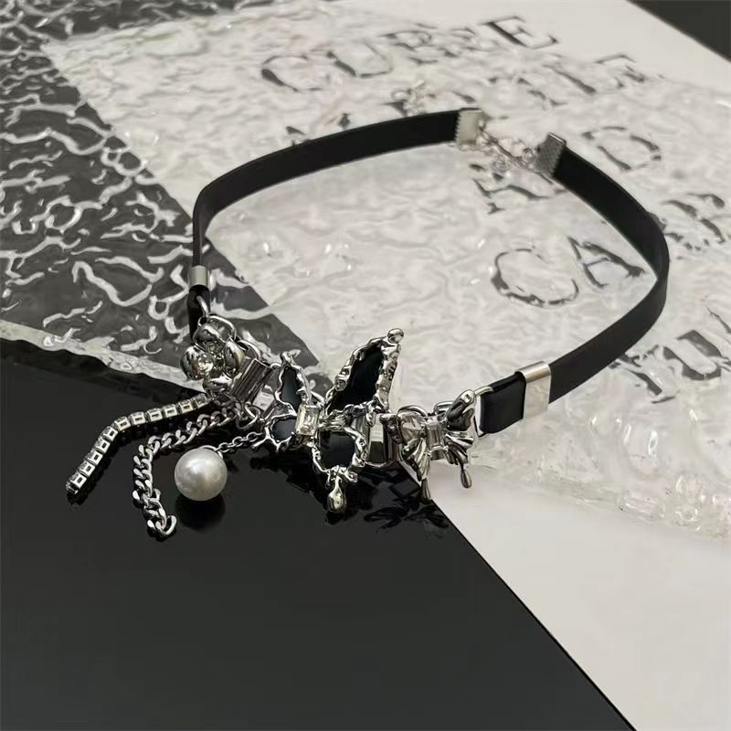 Black Butterfly Choker Necklace for Women | Dark Aesthetic, Leather Collar, Clavicle Chain