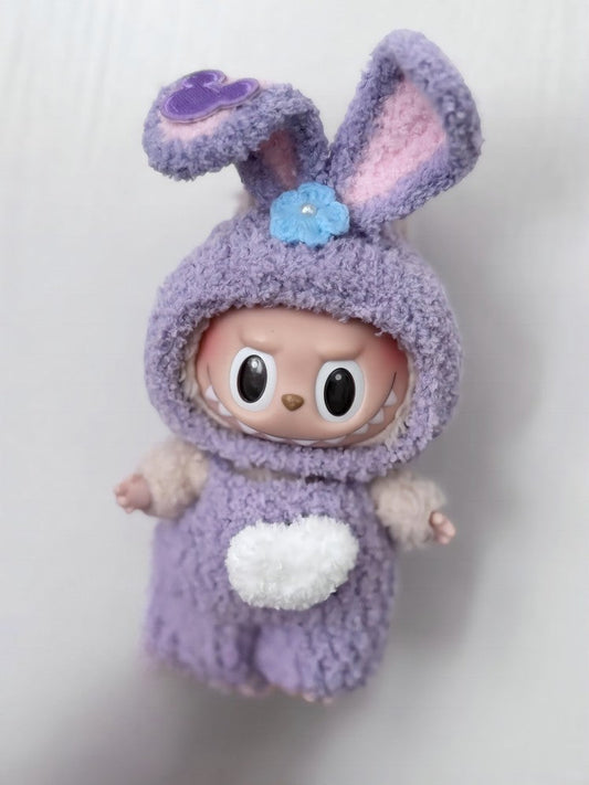 Labubu Bunny Hoodie Outfit Set - lila mit rosa Ohren und flauschigem Schwanz (17 cm)