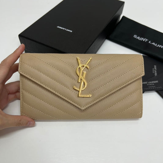 luxury Long Wallet Beige Leather Gold Tone 10772  19cm