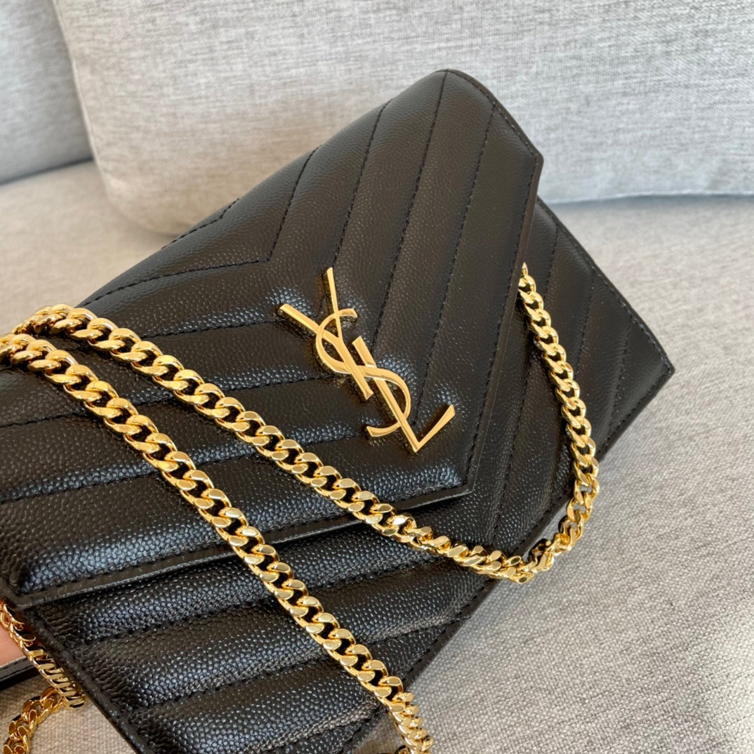 luxury  Cassandre Envelope Chain Wallet Black Grain Leather Golden Hardware 19 cm
