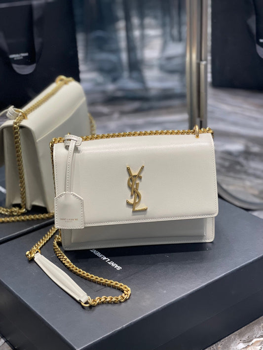luxury Medium Sunset Bag 22 White Lambskin Gold Tone 22 x 16 x 8cm
