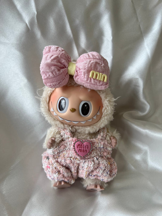 Labubu Sweet Tweed Set - Pink Overalls & Matching Bow Accessory (17cm)