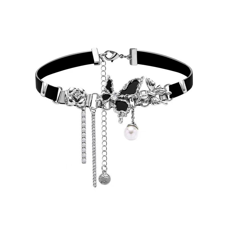 Black Butterfly Choker Necklace for Women | Dark Aesthetic, Leather Collar, Clavicle Chain