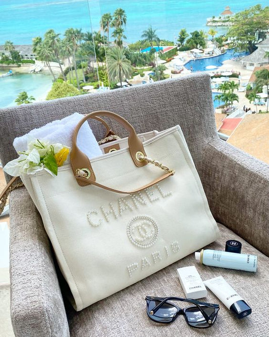 luxury Pearl Deauville Tote Bag in Beige