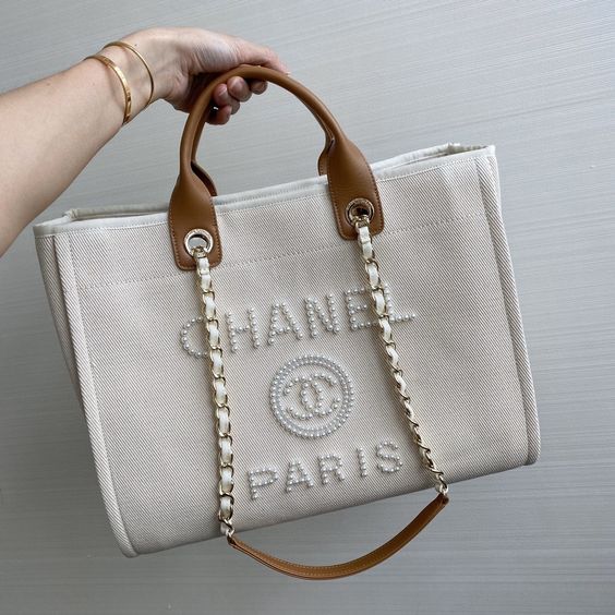 luxury Pearl Deauville Tote Bag in Beige