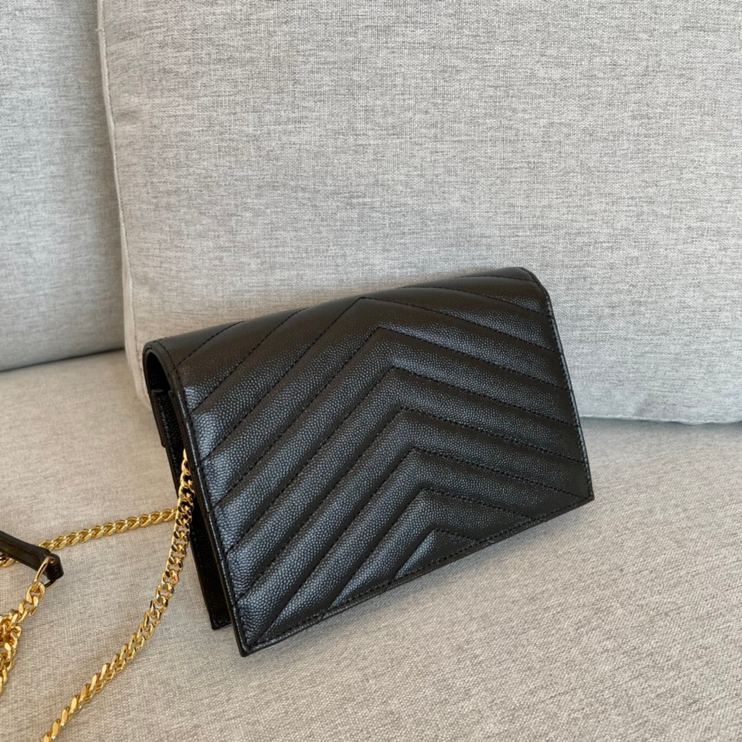 luxury  Cassandre Envelope Chain Wallet Black Grain Leather Golden Hardware 19 cm