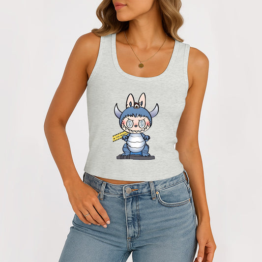 Labubu The Monsters Dámské rukávy, kopeček na krk žebrovaný nádrž Summer Basic Slim Cute Tops pro Labubu Lover