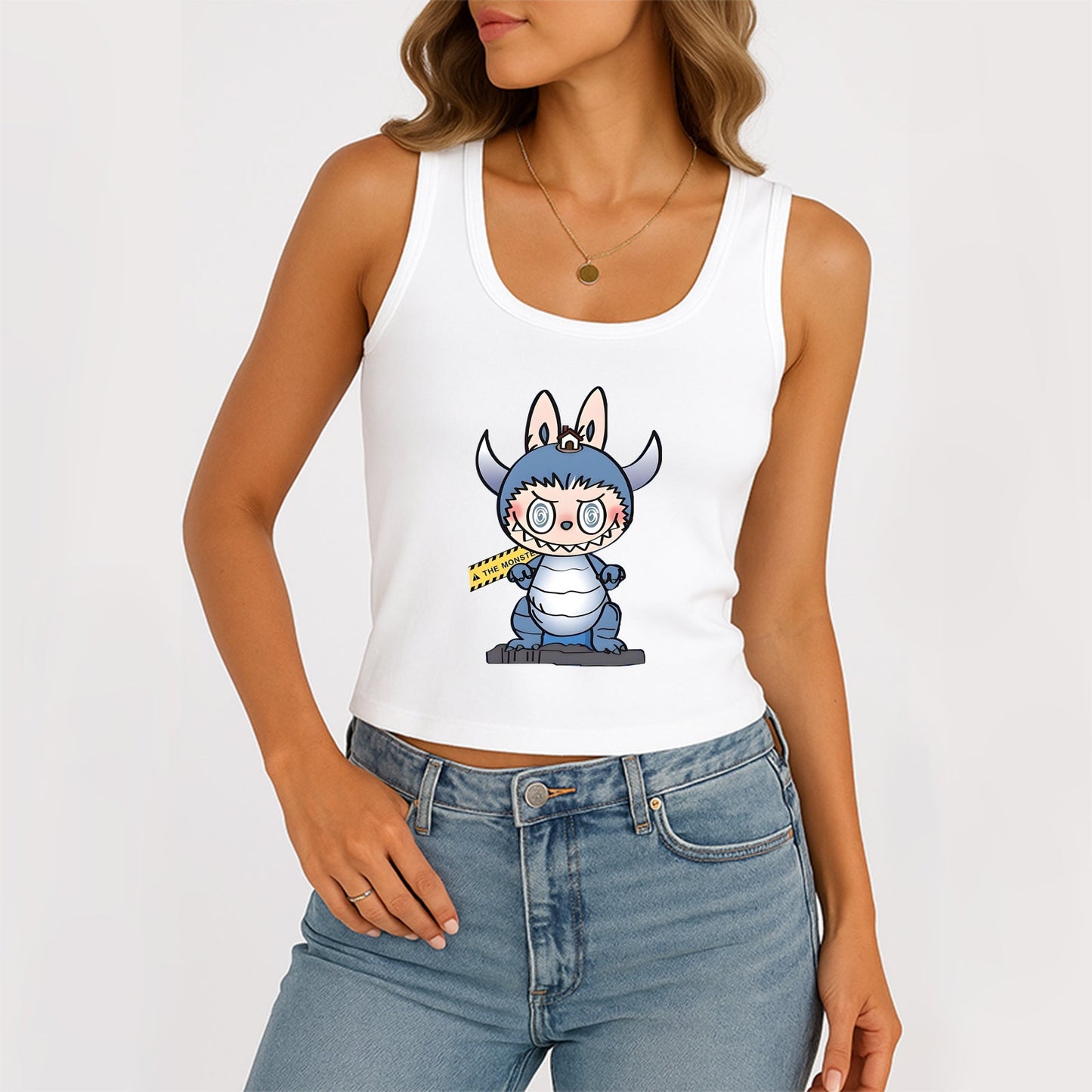 Labubu The Monsters Dámské rukávy, kopeček na krk žebrovaný nádrž Summer Basic Slim Cute Tops pro Labubu Lover