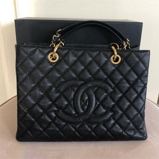 Authentic luxury CC BlackGold Caviar Quilted Grand Shopping Tote