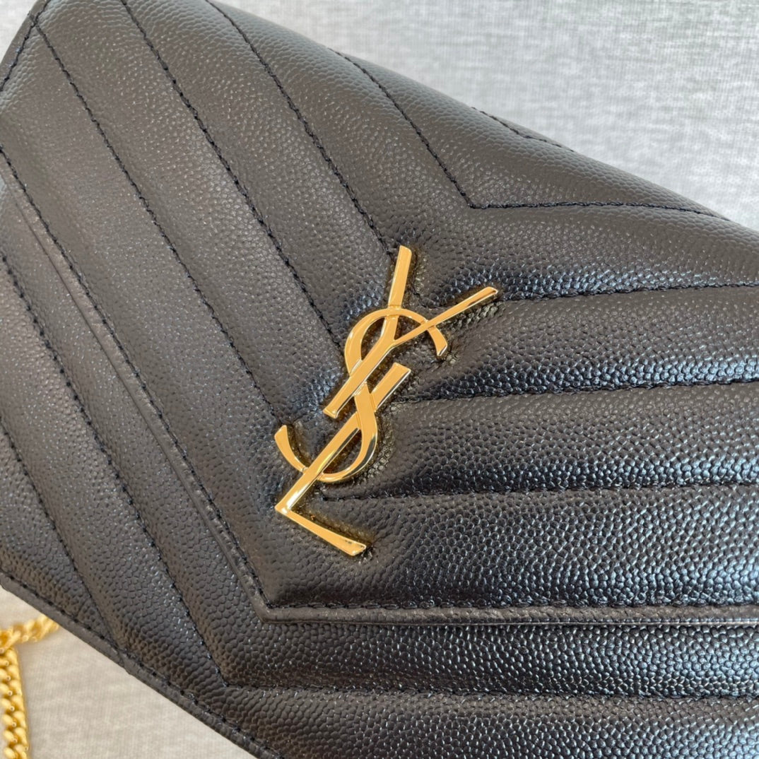 luxury  Cassandre Envelope Chain Wallet Black Grain Leather Golden Hardware 19 cm