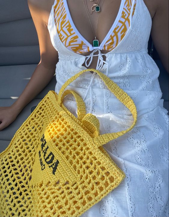 luxury Women's Natural Crochet Tote Bag-Yellow