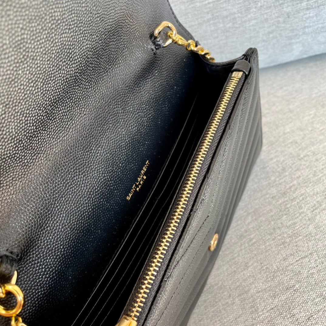 luxury  Cassandre Envelope Chain Wallet Black Grain Leather Golden Hardware 19 cm
