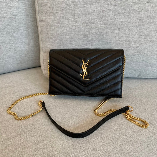 luxury  Cassandre Envelope Chain Wallet Black Grain Leather Golden Hardware 19 cm