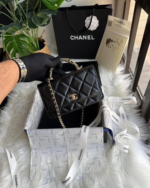 luxury 24B WOC Top Handle in Black Shiny Lambskin GHW