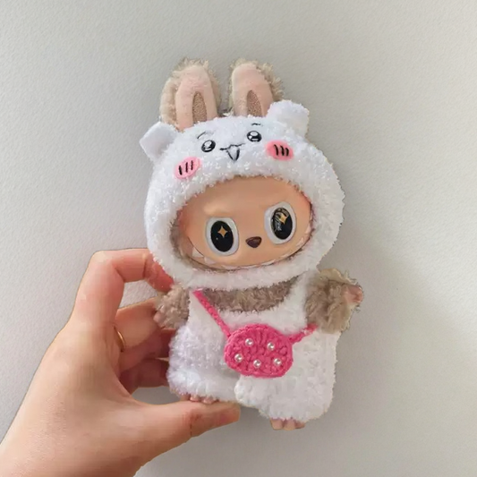 Labubu Chiikawa kostume sæt - Hvid karakter kostume med lyserød pung (17 cm)