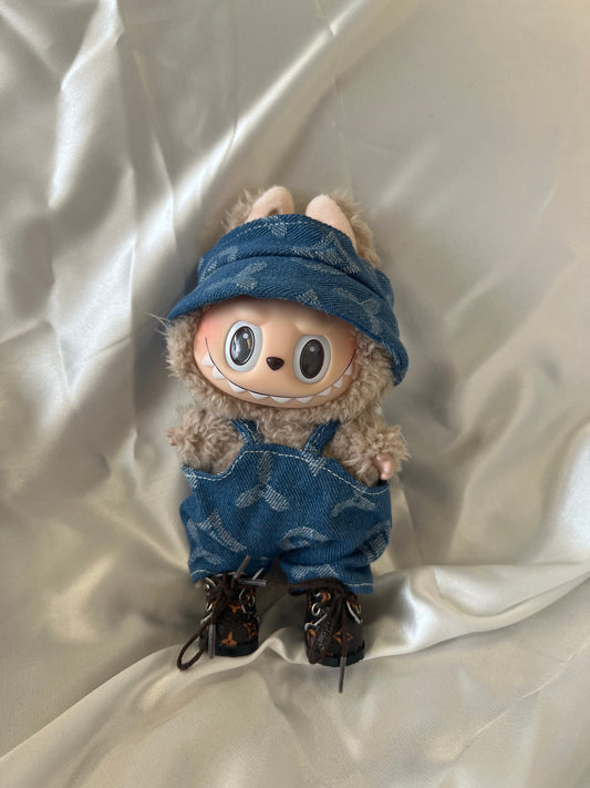 Labubu L.V. Inspired Blue Monogram Denim Set - Overalls & Bucket Hat